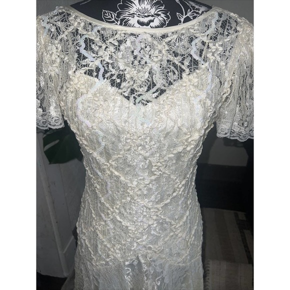 Vintage Ivory Ceam Lace Sequin Party Dress drop waist Sz 4 Bride shuet young - Picture 3 of 9